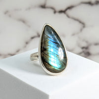 Thumbnail for Close-up of Labradorite Sz 7.75 Teardrop SS Ring #SK9538 with iridescent stone