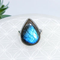 Thumbnail for Teardrop ring featuring a blue flash labradorite gemstone set in silver, size 8.5