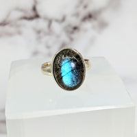 Thumbnail for Close-up of Labradorite Sz 8.5 S.S. Oval Ring #LV3020 with blue and black glass stone