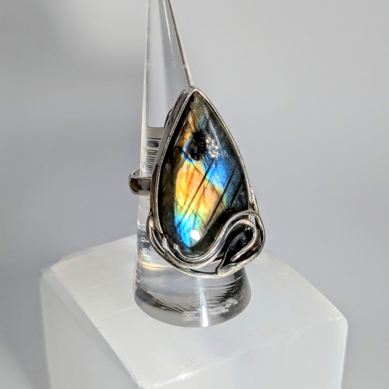 Adjustable Teardrop Lily Labradorite Ring with Bliss Crystals and protective crystals