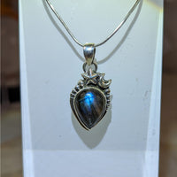 Silver heart Labradorite teardrop pendant with stars, 925 sterling