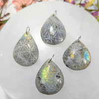 Labradorite Teardrop 1.3 - 1.6’’ Pendant w Etching #LV9351