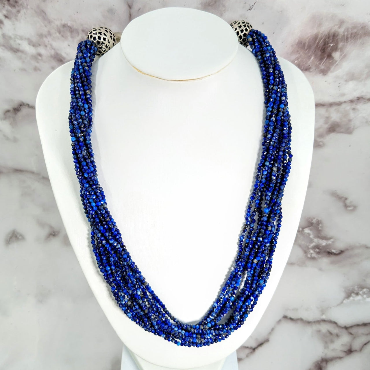 Lapis Faceted 20’ Multi-Strand Necklace #LV1711: Blue Necklace with Leopard Head