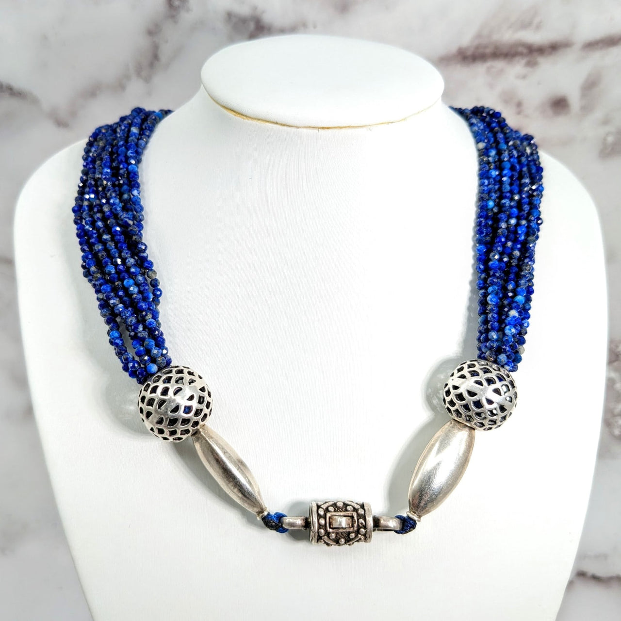 Lapis Faceted 20’ Multi-Strand Necklace #LV1711: Blue Bead, Silver Clasp Strand Necklace