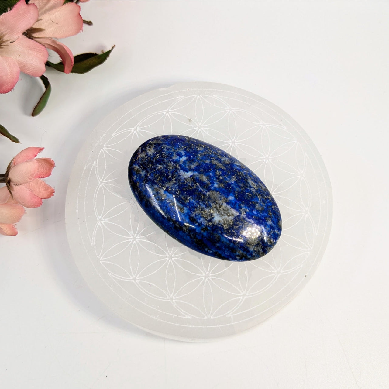 Polished Lapis Lazuli 2.3 inch Palm Stone with deep blue and gold pyrite inclusions