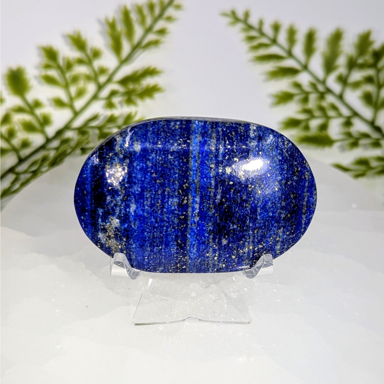 Lapis lazuli 2.5 inch palm stone #BC0875 on clear stand
