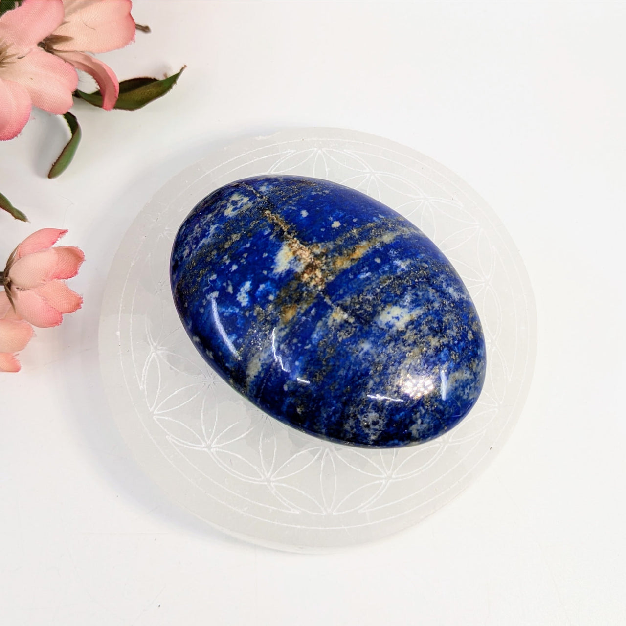 Polished Lapis Lazuli palm stone with deep blue color and gold inclusions #LV6948