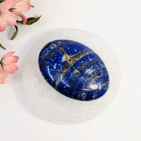 Thumbnail for Polished Lapis Lazuli palm stone with deep blue color and gold inclusions #LV6948