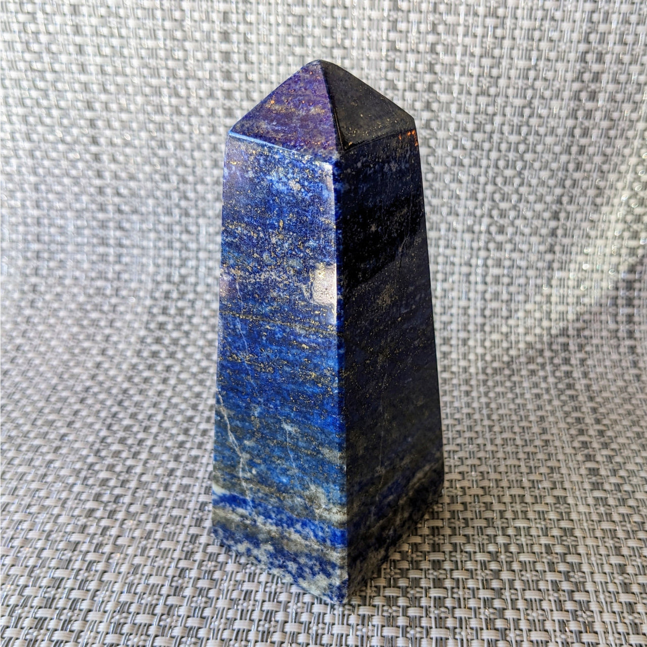 Blue and white quartz point with black streak in Lapis Lazuli 4.2’ Tower #LV5433