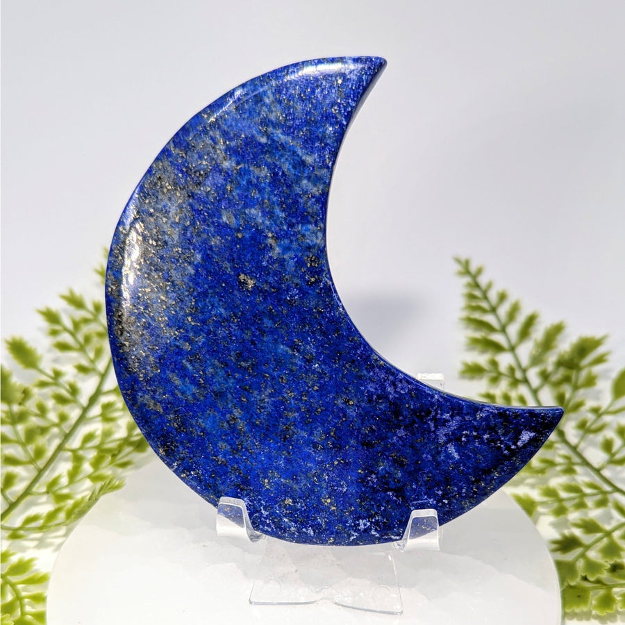 Lapis lazuli 4.25-inch flat moon carving #BC0828 on clear stand