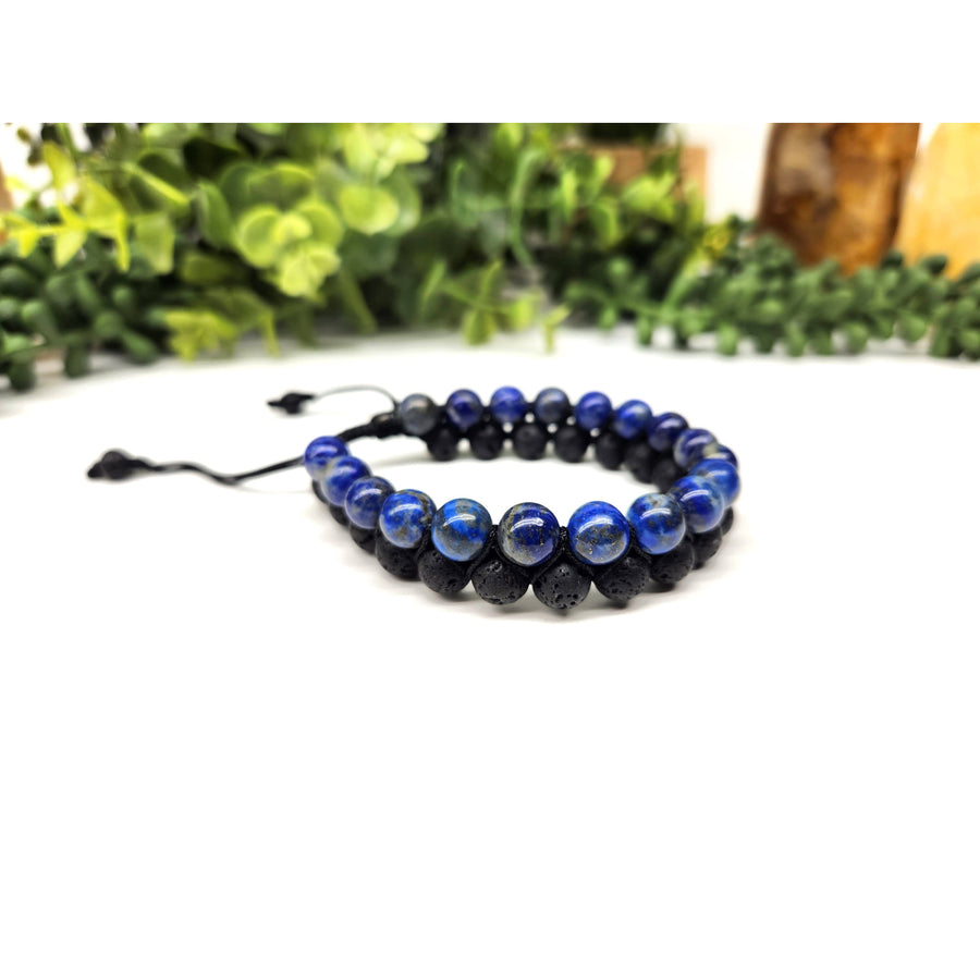 Two-strand beaded bracelet with Lapis Lazuli and Black Lava woven design adjustable 8mm beads
