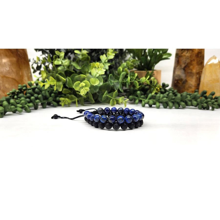 Beaded bracelet with Lapis Lazuli and Black Lava woven adjustable beads