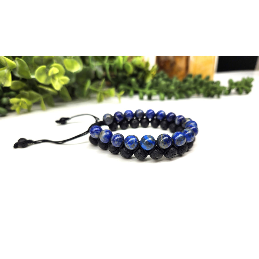 Two-strand beaded bracelets featuring Lapis Lazuli and Black Lava beads with adjustable woven design