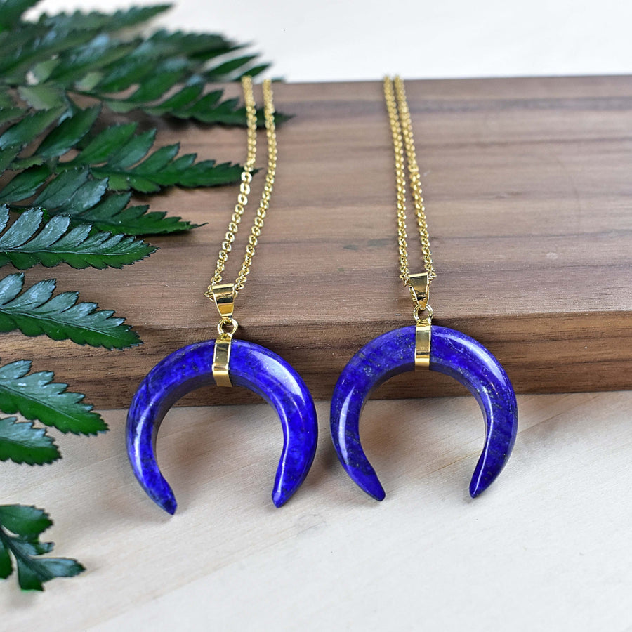 Deep blue lapis lazuli crescent moon pendant on 18-inch gold chain LV9094
