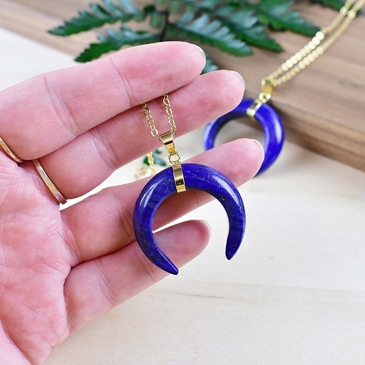Lapis Lazuli Crescent Moon Pendant on 18’’ Gold Necklace #LV9094