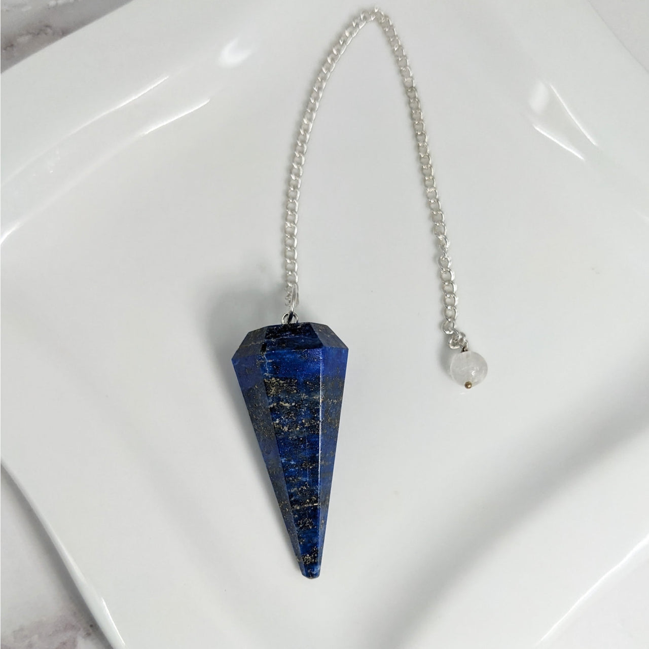 Blue Necklace with White Bead and Silver Chain – Lapis Lazuli Pendulum #LV3885