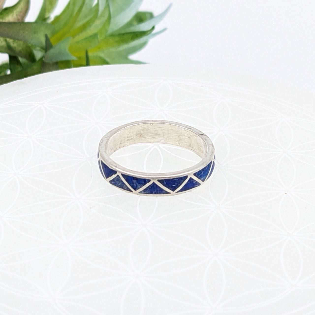 Silver Lapis Lazuli inlay ring with blue triangular pattern, Sz 8.25, #LV7023