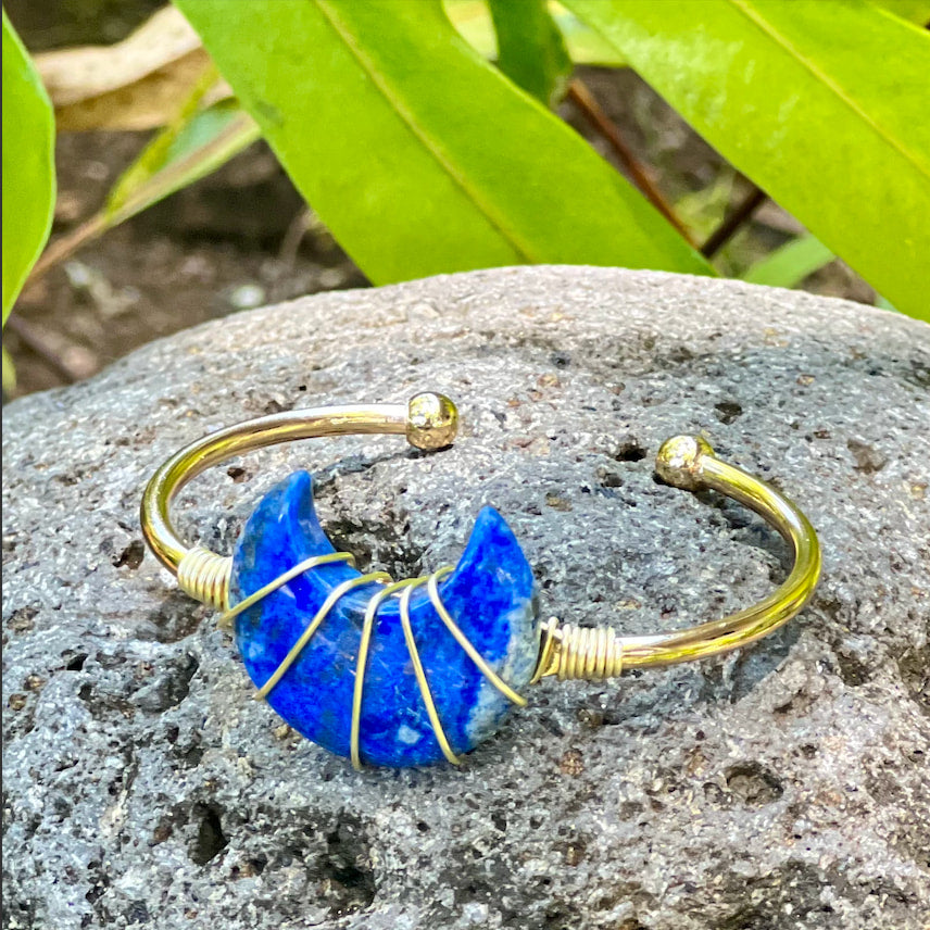 Lapis Moon Gemstone Gold Bangle Cuff Bracelet #LV5287