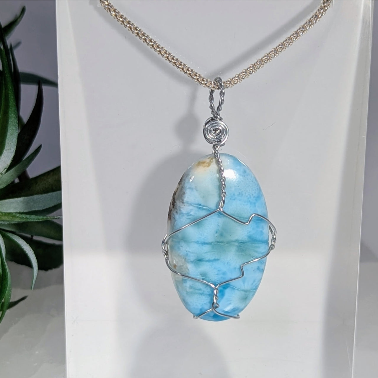 Larimar 1.4’’ Oval Wire Wrap Pendant #LV9404 $125