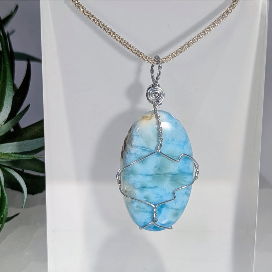 Larimar 1.4’’ Oval Wire Wrap Pendant #LV9404 $125