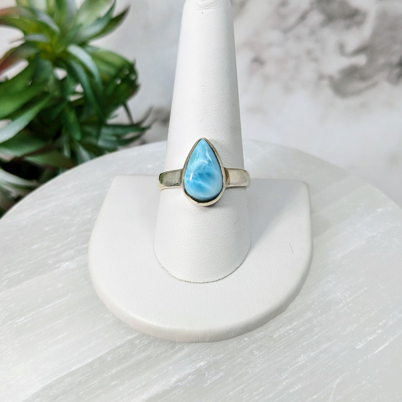 Larimar Sz. 10.25 S.S. Teardrop Ring #LV5036 on White Pedestal