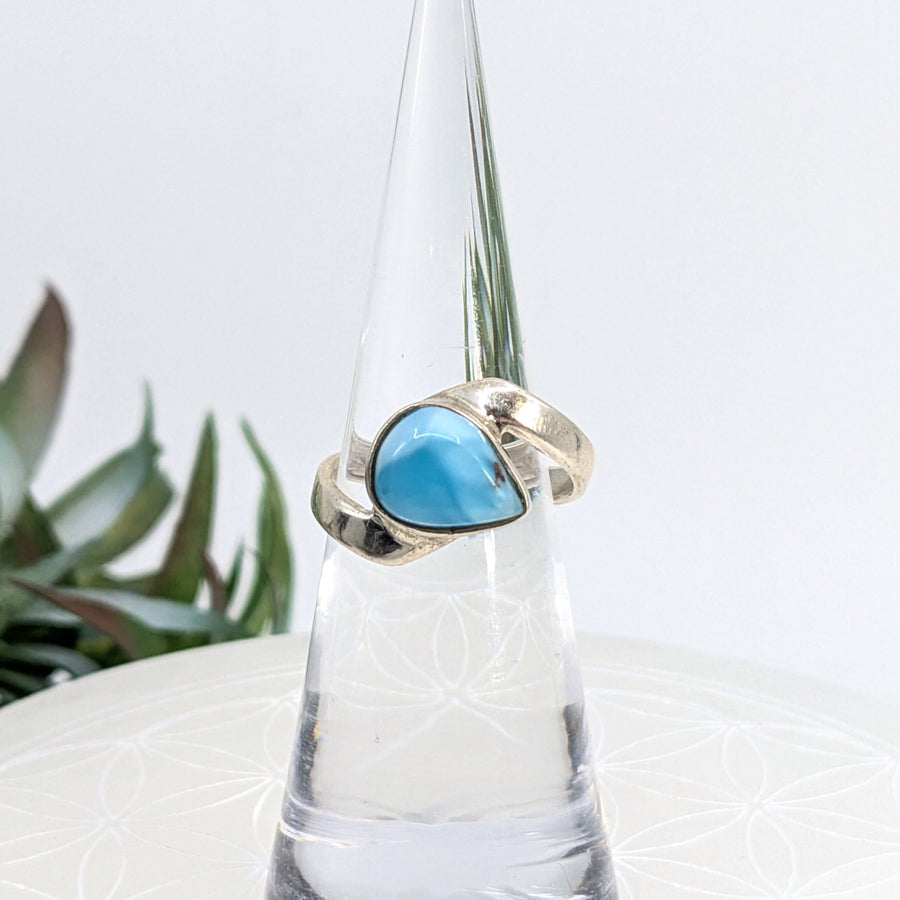 Teardrop turquoise Larimar ring with silver band, Bliss Crystals Atlantis Stone accessory