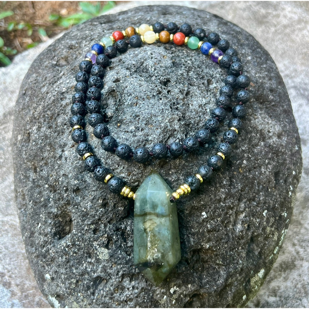 Lava Labradorite Gemstone Mala Necklace #LV4182 - $52