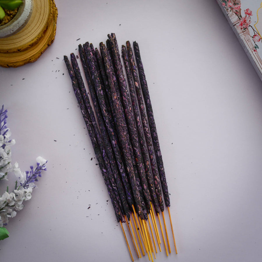 Bundle of dark Lavender Smudge Incense Sticks in plastic pouch for relaxation and meditation