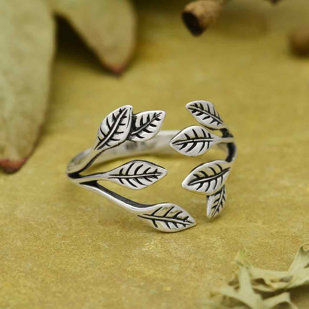 Leaf Cluster Sterling Silver Adjustable Ring #J026 with intricate leaf design