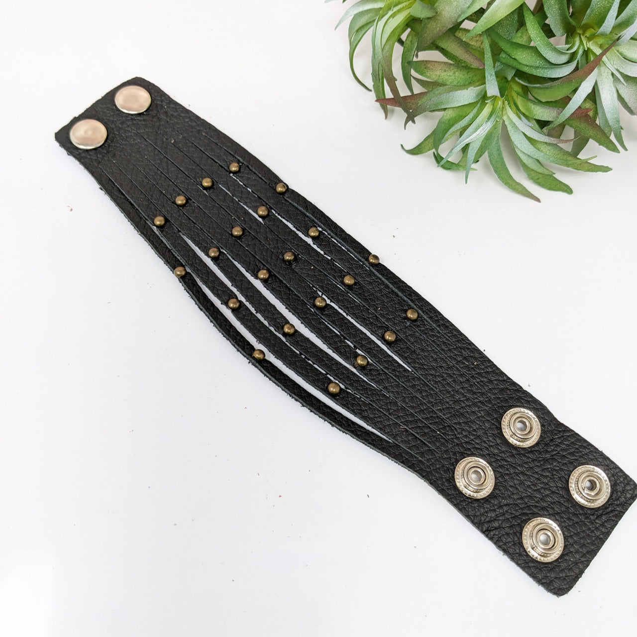 Black leather bracelet with gold buttons and rhinestones, adjustable 7-8 inches