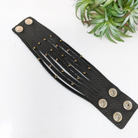 Thumbnail for Black leather bracelet with gold buttons and rhinestones, adjustable 7-8 inches