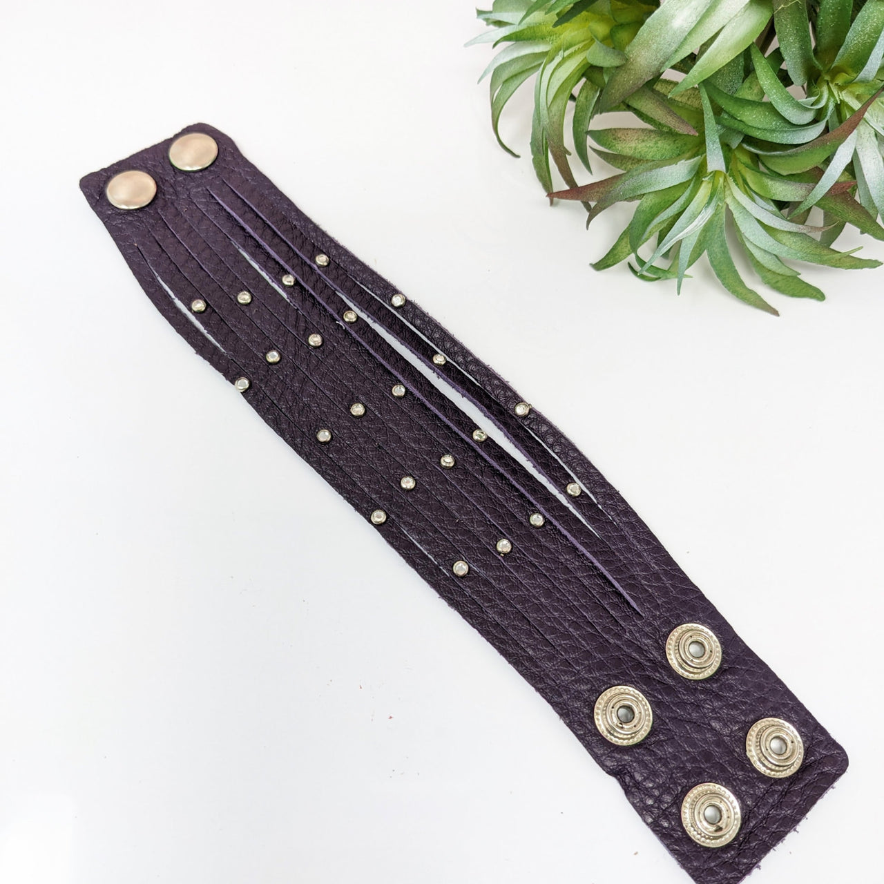 Leather Bracelet 7-8’ 9 Strand with Brass Buttons and Rhinestones - Adjustable #LV2754