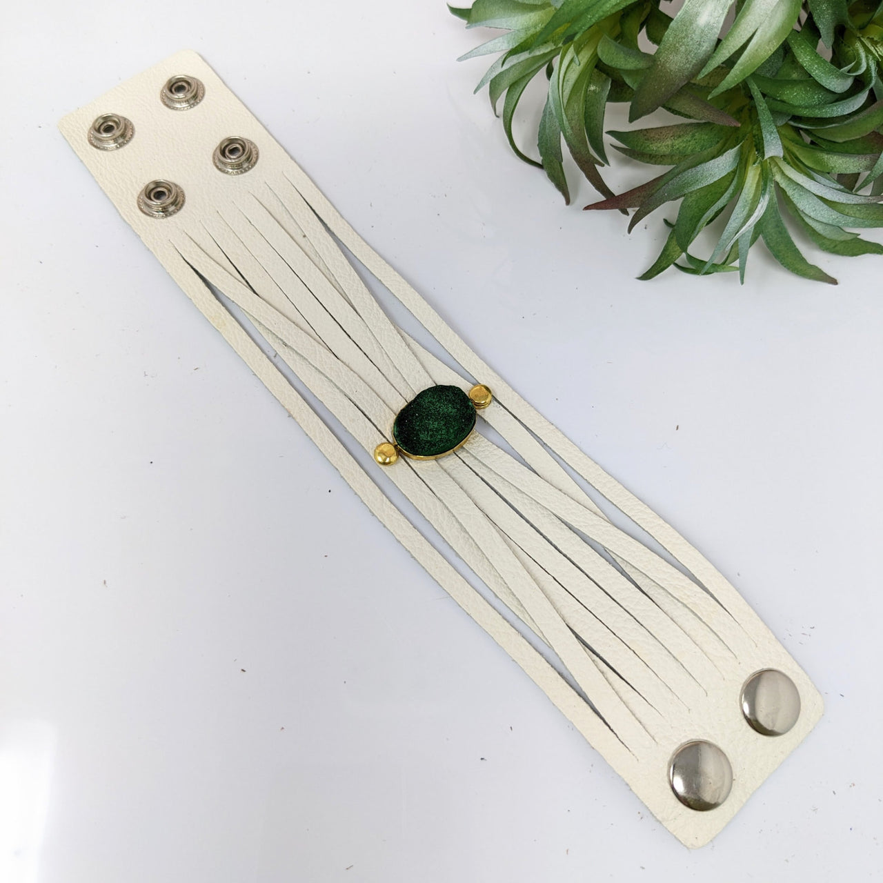 White and green wooden spoon with green leaf on Leather Bracelet 9 Strand Stone Cab