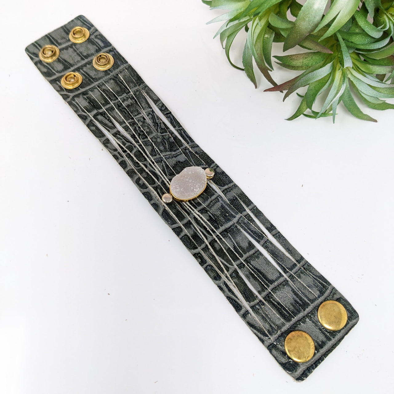 Black marble and gold cuff with a gold button, Leather Bracelet, Adjustable, #LV2758