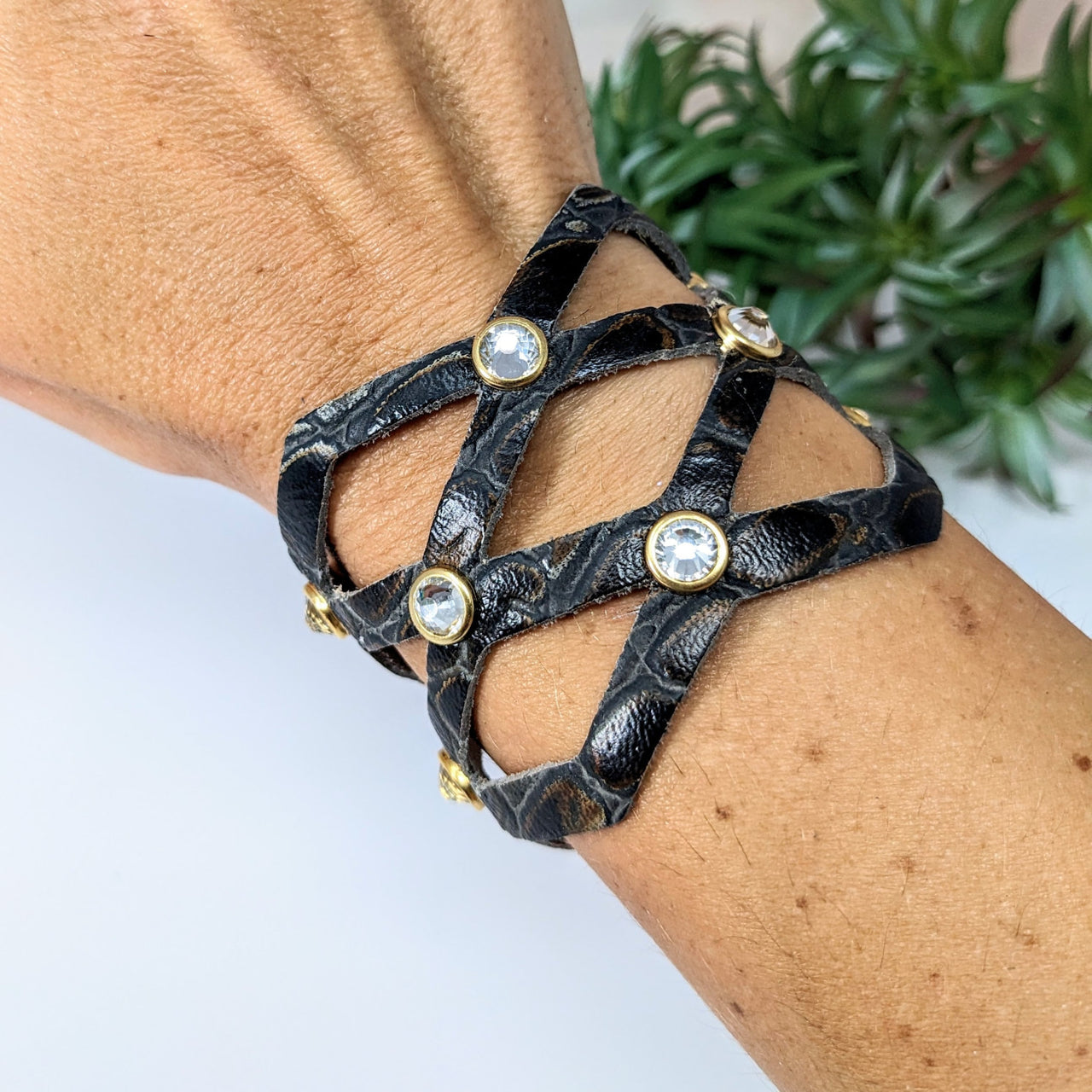 Black leather wrap bracelet with gold accents, Leather Bracelet 7’ Double Lattice #LV2757