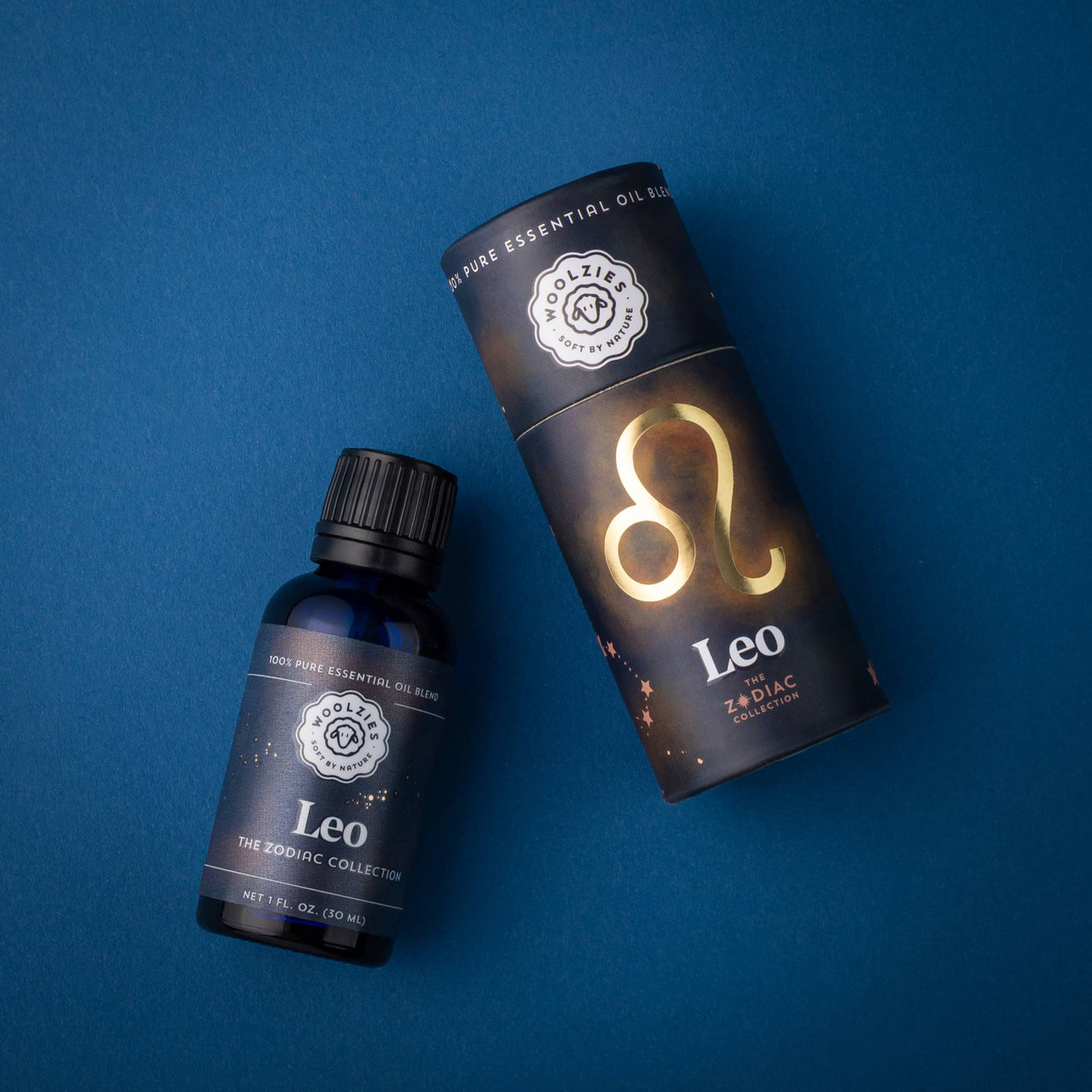 Leo Zodiac Essential Oil Blend 1oz Bottle with Black Cap and Lion Symbol