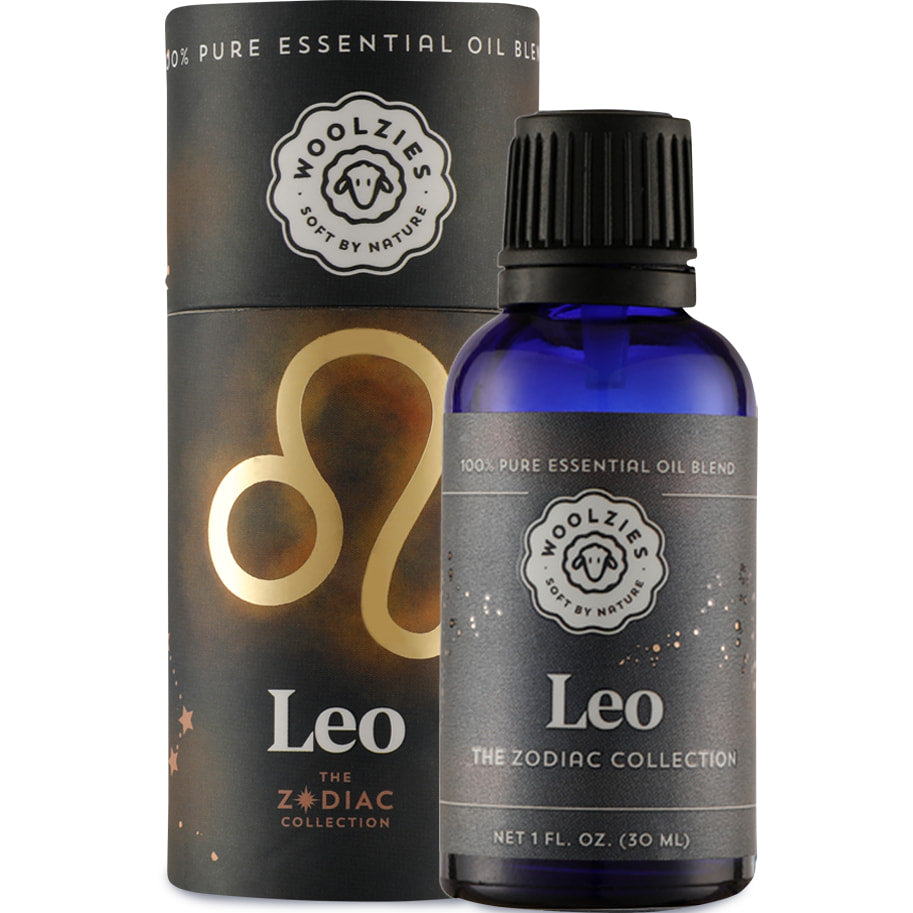Leo Zodiac Essential Oil Blend 1oz in woolzies blue glass bottle