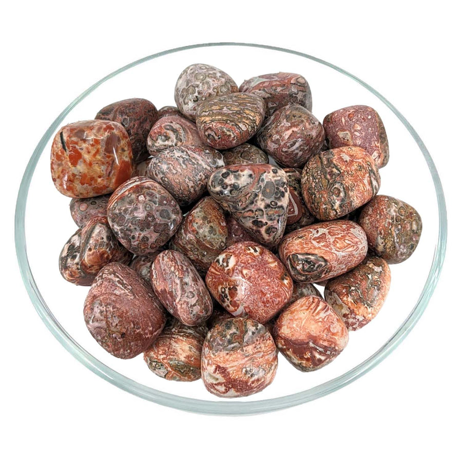 A bowl of red and black marble pebbles featured in 1 Leopardskin Jasper Tumbled Stone
