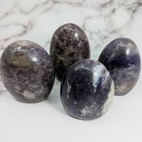 Thumbnail for Lepidolite 2.3 - 3’ Freeform #LV2523: Three Purple Marble Spheres on Marble Counter
