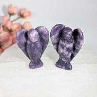 Two polished purple Lepidolite 2’’ amethyst angel figurines with curved wings