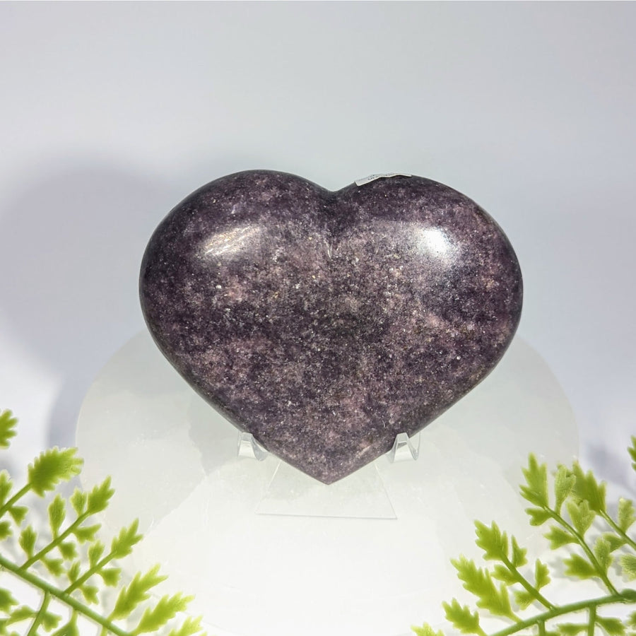 Lepidolite 3.25 inch heart gemstone in deep purple with a glittering surface perfect for jewelry or crystals collection