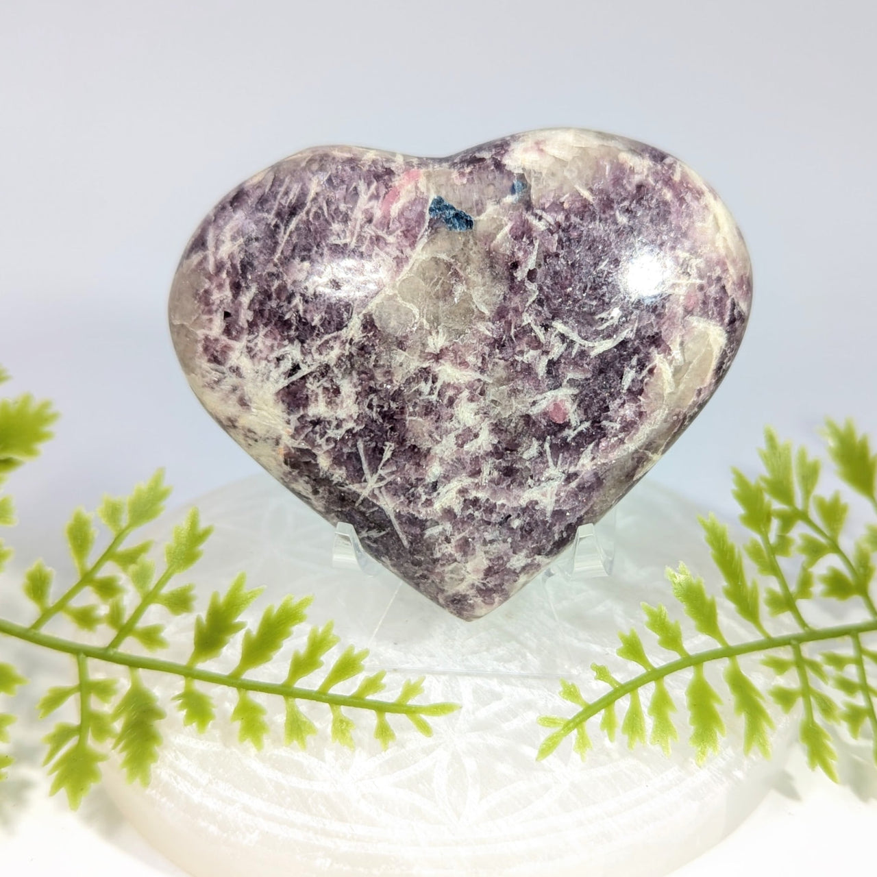 Polished 3.3-inch purple lepidolite heart #BC1128 with blue flecks