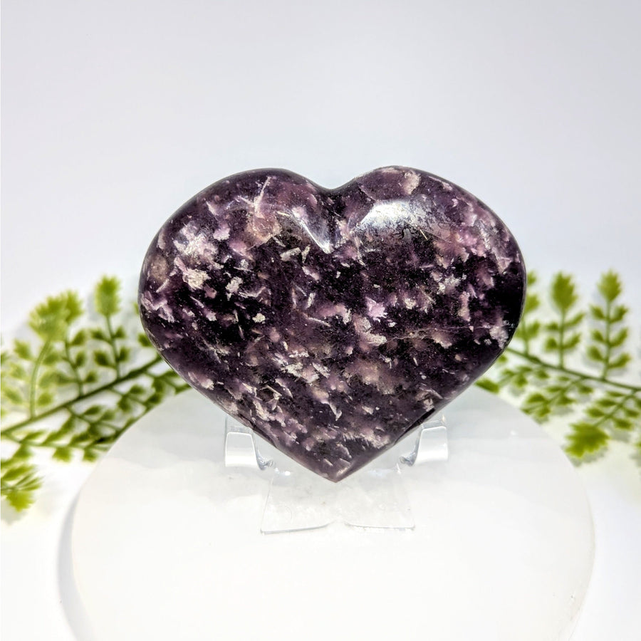 Polished lepidolite 3.4-inch heart #BC0841 purple white speckled crystal