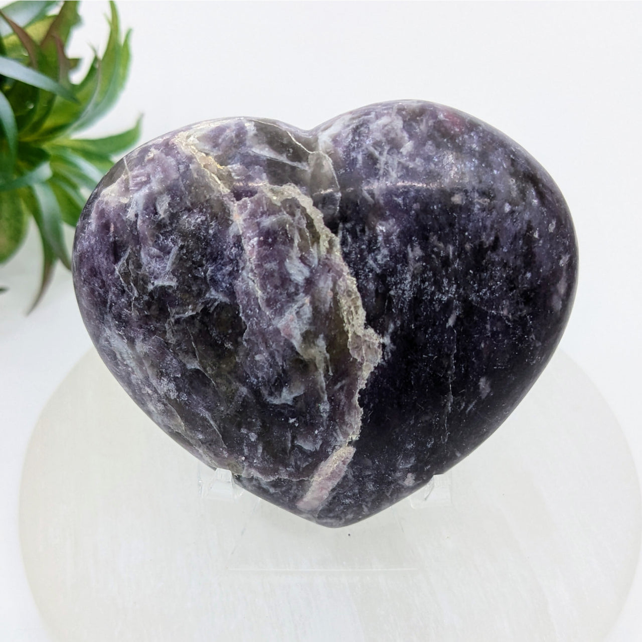 Polished purple heart-shaped Lepidolite stone displayed in product Lepidolite 3-inch Heart #LV7510