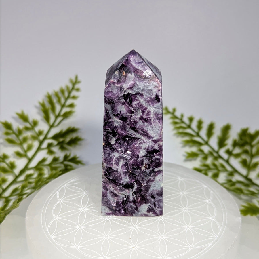 Polished purple lepidolite 3-inch obelisk tower #BC0852 with faceted top