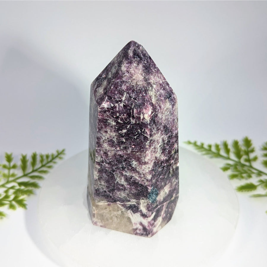 Lepidolite 4.25 inch generator polished purple amethyst crystal tower with natural banding for jewelry and gemstones