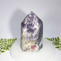 Lepidolite 4.5 inch generator polished purple and white faceted crystal tower ideal for crystals and gemstones collection
