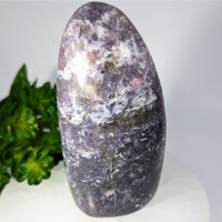 Polished oval lepidolite amethyst with purple-white swirls, 4.75in freeform