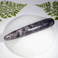 Lepidolite 5.5 inch massage wand polished purple and pink speckled crystal roller for gemstones and jewelry care
