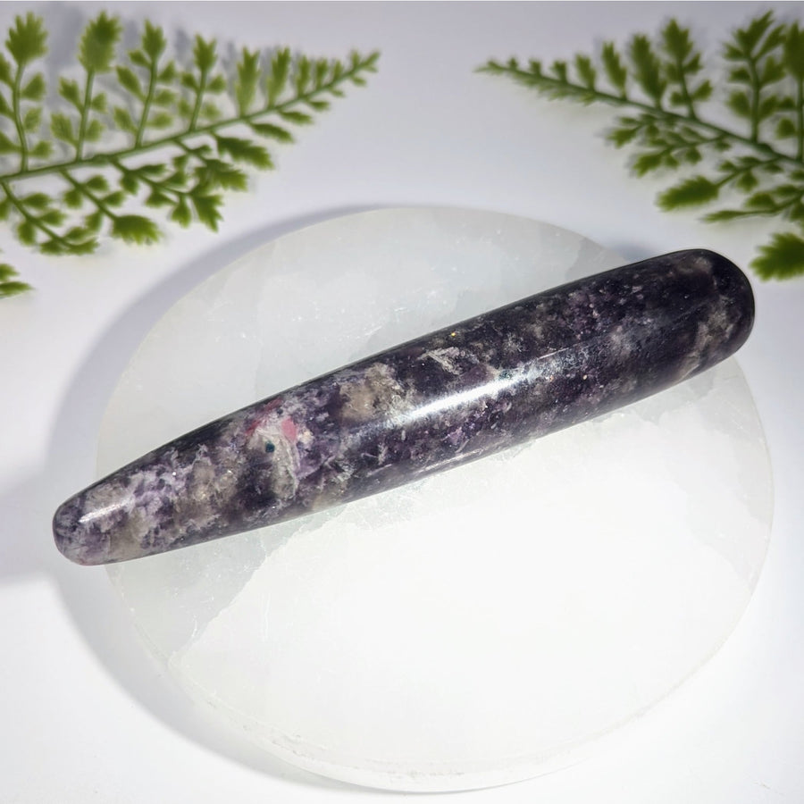 Lepidolite 5.5 inch massage wand polished purple and pink speckled crystal roller for gemstones and jewelry care